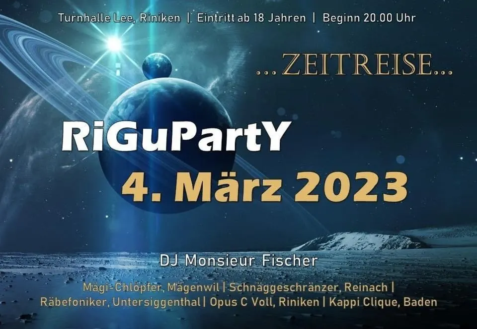 Flyer RiGuParty «Zeitreise» mit DJ Monsieur Fischer